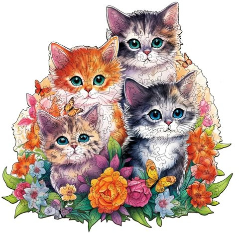 Holzpuzzle Erwachsene, 300 Teile Süße Katze Puzzles, 34x33.8cm Wood Puzzle, Unregelmäßige Einzigartige Tierform Holzpuzzles für Erwachsen, Schön Geschenk für Familie und Freunde