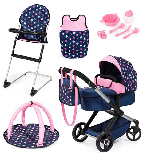 Bayer Design 17016AD Ensemble Poussette pour poupée XEO, poignée réglable, Transformable, Chaise Haute, Sac de Couchage, Tapis d'eveil, Accessoires en Plastique, Bleu, Rose