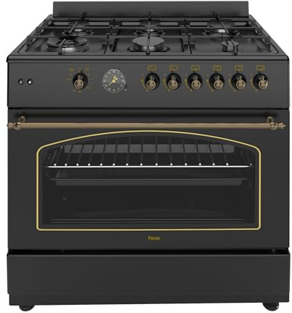 Ferre F9S60GF-BL-RETRO 90cm Gas Range Cooker With Double Turbo Fan & 6 Burner(1 Wok) Gas Hob - Black
