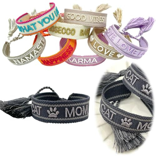 LS-LebenStil Exklusives Statement Armband - das Original - Cat Mom Grau 16-20cm Quasten besticktes Boho Canvas Webarmband Damen Freundschaftsarmband Geschenk gewebt textil Stoffarmband