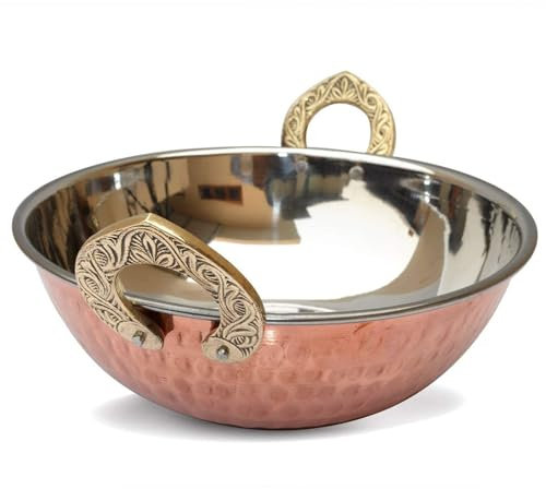 Handicrafts Kadhai - Sartén redonda de acero de cobre martillado con mango de grabado para servir en el hogar, restaurante, hotel, fiesta, festival, paquete de 1 Kadhai