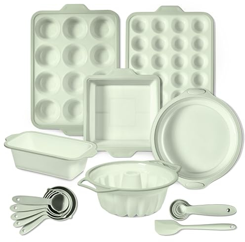 COOK WITH COLOR 17 Pc. Silicone Baking Pan Set - Non-Stick & Easy Clean Silicone Muffin Pans for Baking with Sturdy Metal Frame for Stability, Flexible Cake Molds, Includes Measuring Cups and Spoons
