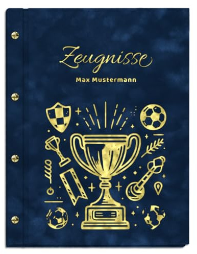 Personalisierbare Zeugnismappe in dunkelblauer Samtoptik mit eigenem Namen und Motiv - inkl. 12 Sichthüllen - Goldener Aufdruck mit individuellem Motiv selbst gestalten