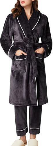 Maeau - Peignoir de Bain Femme Ensemble Pyjama Polaire Hiver Épais avec Pantalon Chaud Robe de Chambre 3XL Noir