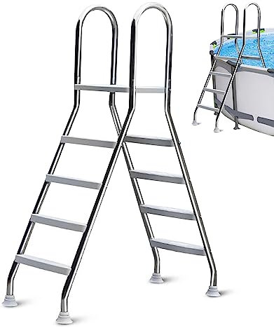 Echelle De Bain Échelle de Piscine Hors Sol, capacité de Charge de 250 kg, 4 marches, Robuste, antidérapante, en Acier Inoxydable, avec Nouveau Repose-Pieds et Masseur de Pieds.