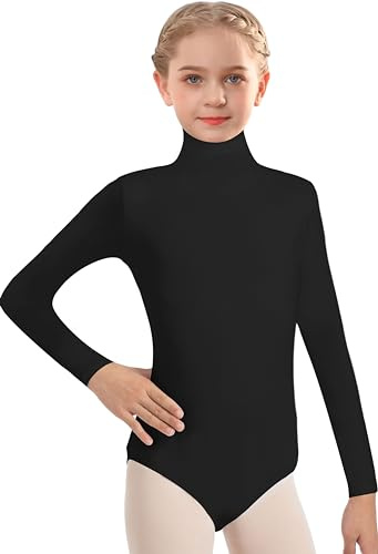 DANSHOW Girls Black Leotard Ballet Dancewear for Kid | Turtleneck, Full Long Sleeve, Back Zipper Closure, Soft Privacy Lining, Skin-Friendly High-Stretch Kid-Friendly Fabric
