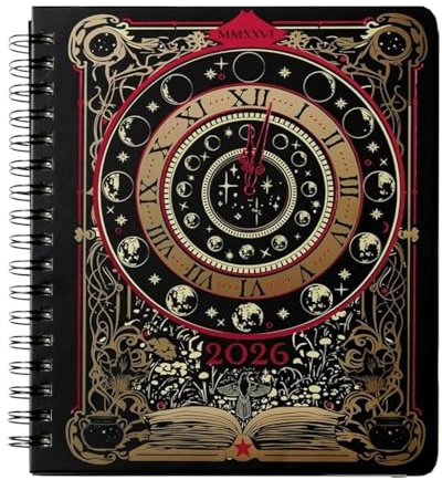 Waiting for the Night Agenda hebdomadaire 2026 à spirale daté, design inspiré de la carte de tarot sorcière gothique, couverture de livre enveloppée, offrez-en cadeau, 4 poches autocollantes