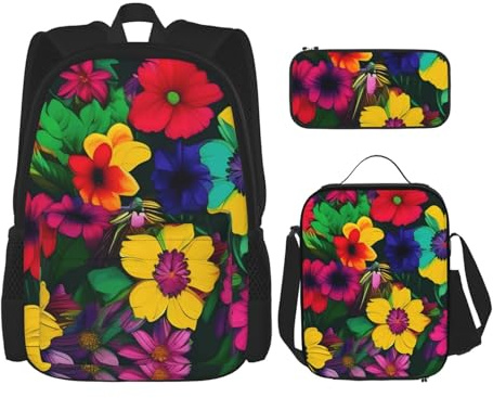 YIJIAYUN 3 st skolväsentligheter regnbåge blommor mönster tryck set för studenter: skolväska + pennfodral + lunchväska kombination