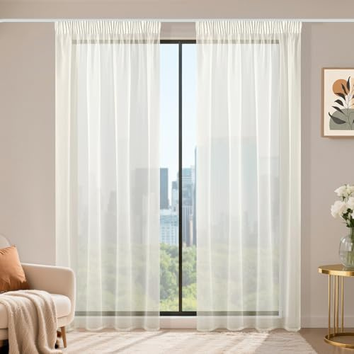 Runyéla Stores, gardiner med veckband, set om 2, voile skjutgardiner, 230 x 120 cm (HxB), transparent gardin, beige gardin, gardiner för vardagsrum, sovrum, Sheer Curtain