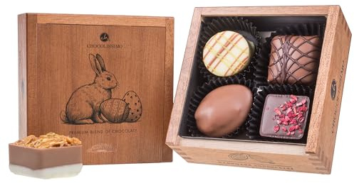 Egg Elegance Mini - Praline di Pasqua – 5 uova di Pasqua ripiene di cioccolato | cioccolato pasquale | Cassetta di legno | Lusso | di classe | maschio | Femmina