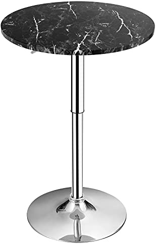 COSTWAY 60cm Round Marble Bar Table, Height Adjustable & 360° Swivel Counter Pub Tables with Sliver Base and Non-slip Rubber Ring, Bistro Cocktail Table for Home Office Dining Room Kitchen (1, Black)