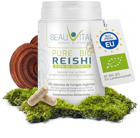 Pure Reishi Bio capsules avec 10% d'extrait bio | 120 capsules de Reishi 500mg de poudre de champignon Reishi issu de l'agriculture biologique européenne, végétalien, sans additifs artificiels