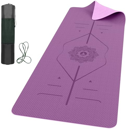 ROMIX Pro Yoga Mat with Alignment Lines 6mm, Non-Slip Ultra Lightweight Sweat Resistant Eco-Friendly Gym Workout Mat with Carry Bag and Strap for Women Men for Pilates Gymnastics