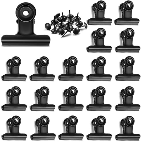 YUCHIYA 20 Pack Metal Clips with 20 Push-pins for Corkboard,Bulldog Clips for Hanging Pictures,Small Hinge Clips for Photos Crafts,Mini Binder Clips Paper File Clamps for Office(Black,1.2inch)
