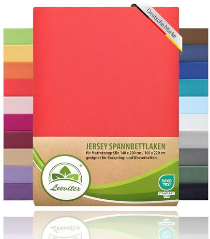leevitex® Premium Spannbettlaken 140x200-160x220 cm - 40 cm Steg - auch für Boxspringbett & Wasserbett | 100% Mako-Jersey-Baumwolle | ÖKO-TEX | 170g/m² | Rot/Signalrot