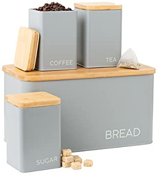 EHC Set of 4 Tea, Sugar, Coffee & Bread Bin Canisters Set, Kitchen Storage Jars with Airtight Lids, Containers Jars Set, Grey