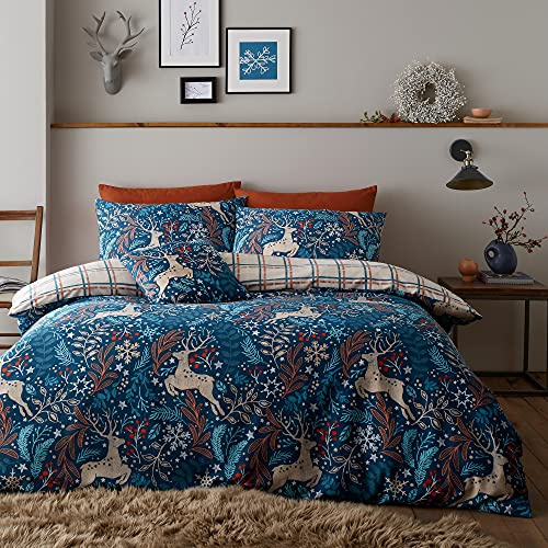 Happy Linen Company Winter Stags Blue King Reversible Duvet Cover Bedding Set