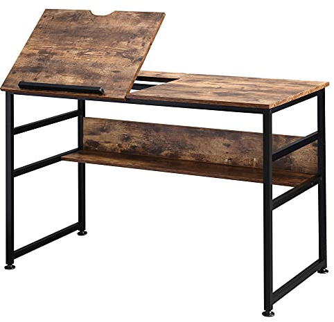 HOMCOM Zeichentisch neigbar Computerbüro Industriedesign - hochklappbare Tischplatte, Regal - Spanplatten in Altholzoptik Metall schwarz