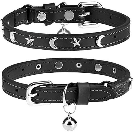 Collari in pelle DILLYBUD per gatti maschi e femmine con campanellino e cintura elastica di sicurezza, personalizzati con stella e ciondolo a forma di luna, regolabili con fibbia di sicurezza per