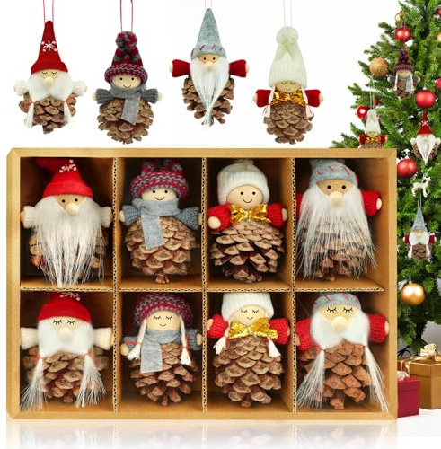 KAZATE Decorazioni Albero di Natale Ciondoli, 8 Pezzi Pigne Naturali Piccolo Gnomo Pendenti Addobbi Natalizi Regali, Fatte A Mano Bambola Folletto di Natale Decori per Camino