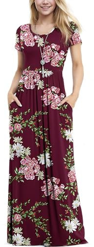 Anelune Women's 2024 Summer Casual Flutter Short Sleeve Crew Neck Smocked Elastic Waist Tiered Midi Dress with Pockets(Floral Wine red-3XL)