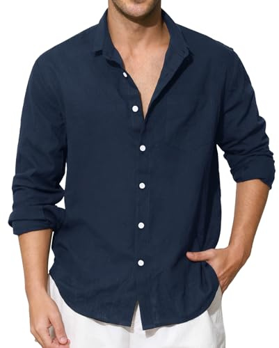 Enlision Navy Blue Linen Shirts for Men Long Sleeve Shirt Button-Down Henley Shirts Cotton Casual Summer Shirt Beach Holiday Party with Pocket 2XL