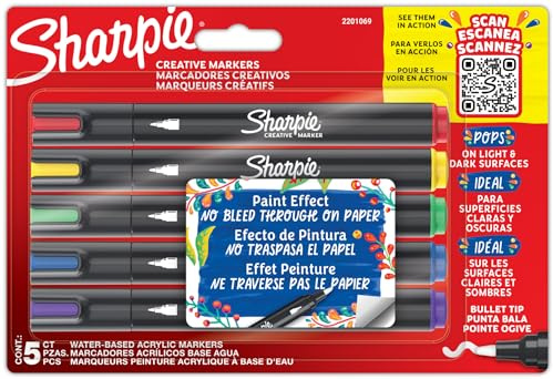 Sharpie Creative Marker Acrylic Paint Pens | Brush-TipWater-Based Paint Markers | No-Bleed Ink Writes on Most Surfaces | Crafting & Art Supplies | Assorted Colours | 5 Count