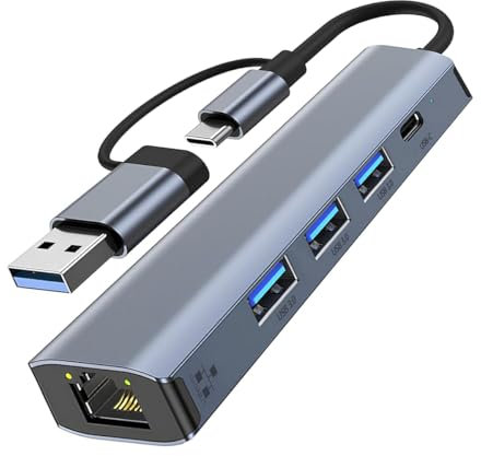 5 IN 2 Adattatore USB Ethernet Gigabit RJ45, Hub Ethernet LAN con 3 Porte USB 3.0 e Ricarica Tipo C PD,Connessione Stabile e Compatibile con Windows macOS Linux Chromebook