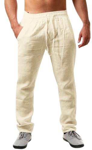 Runcati Pantalones de Lino para Hombre, Lisos, Largos, Ligeros, Holgados, con cordón, para Vacaciones, Playa, Uso Diario
