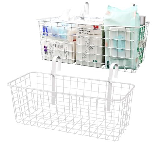 Ymeibe 2 Pack Bedside Hanging Wire Basket for Storage Bedside Caddy Hanging Organizer Bunk Bed Shelf Holder Pocket for College Dorm Room Baby Bed Rails (White/Large)