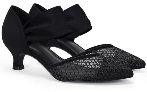 Coutgo Womens Low Kitten Heel Dress Shoes Pointed Toe Slip on Ankle Strap Cutout Elegant Party Wedding Pumps, Mesh Black, Size 11