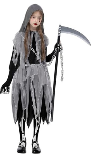 HarnyLoom Deguisement Faucheuse Enfant Fille Grim Reaper Halloween Costume Robe Gants chaussettes Chaîne Faucille Cosplay Carnaval (M)