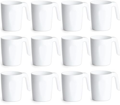BSTMOME Plastic Coffee Mugs Set of 12, Multi-use Plastic Cups with Handles 15oz, Reusable Water Cup, Easy to Carry, Great for Home, Garden, Picnic, Camping, Outdoor (White)