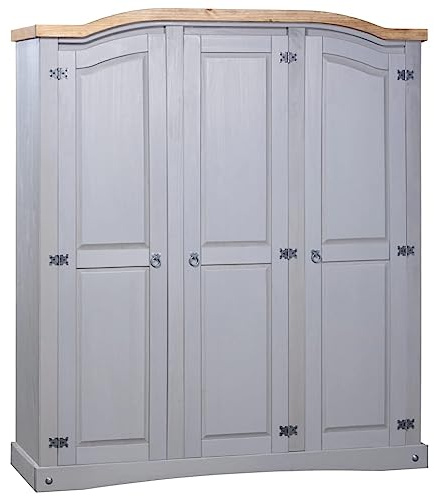 Cozynest Kiefer Kleiderschrank Mexiko-Stil Corona 3 Türen Garderobenschrank Schlafzimmerschrank Dielenschrank Holzschrank Schrank Grau