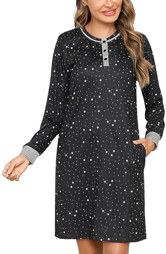 Jahetuul Chemise de Nuit Femme Coton Avec Bouton et Poches - Vêtements de Nuit à Manches Longues Avec Motif Étoilé - Nuisette Tee Shirt