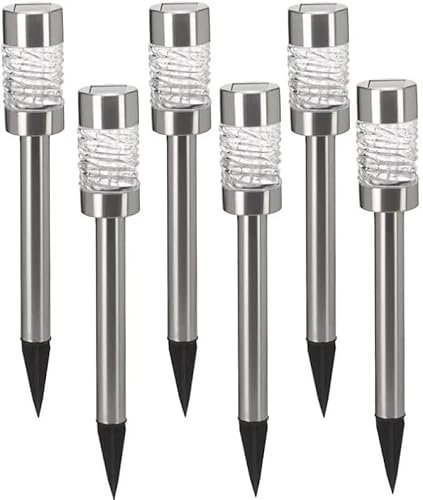 Fabulouz Solar Stake Lights for Outdoor Garden – 6 Pack (2 Boxes of 3) – LED Bollard Top Pathway Lights – Stainless Steel, Waterproof, Auto On/Off, Rechargeable Battery Included – 43cm Height