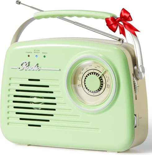 Radios Portable AM FM, Battery Powered, Retro Vintage Radio with Bluetooth, Easy to Use Large Dial for Home/Outdoor/Kitchen (Green)