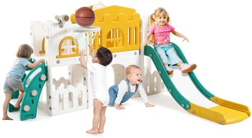 Toboggan Interieur Enfant, 8 en 1 Design,Renforcer Le Cadre de Sécurité, avec Panier de Basket-Ball, Télescope et Tunnel, Toboggan Exterieur Enfant pour 2 à 8 an, Jaune
