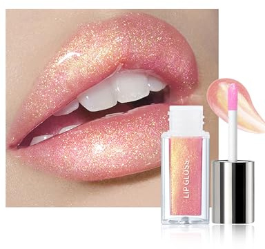 Rouge a Levre Pailleté, Rose Clair Lip Gloss Hydratant Effet 3d Volume, Holographique Brillant à Lèvres avec Nuance Vaporeuse, Longue Tenue Waterproof, Non Collant, Maquillage Pailleté pour Femme-03