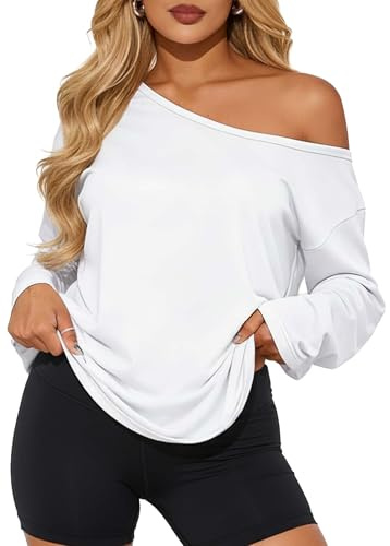 TZLDN Women Off The Shoulder Tops Oversized Long Sleeve Top Going Out Loose Pullover Tshirts Blouse Tunik White L