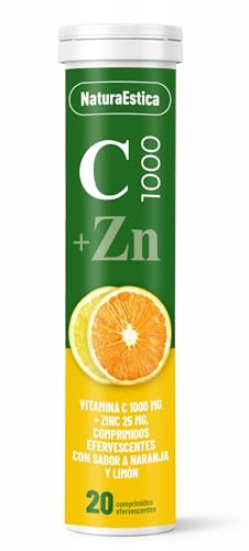 Vitamina C 1000 mg con Zinc NaturaEstica | Sistema Inmunitario y Energía | 20 Comprimidos Efervescentes | Naranja y Limón | Sin Azúcar