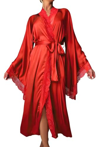 Accappatoio Uomo Doccia - Vestaglia in Raso per Elegante A Maniche Lunghe con Bordo in Pizzo Accappatoio per La Casa E per Il Tempo Libero (Red M)