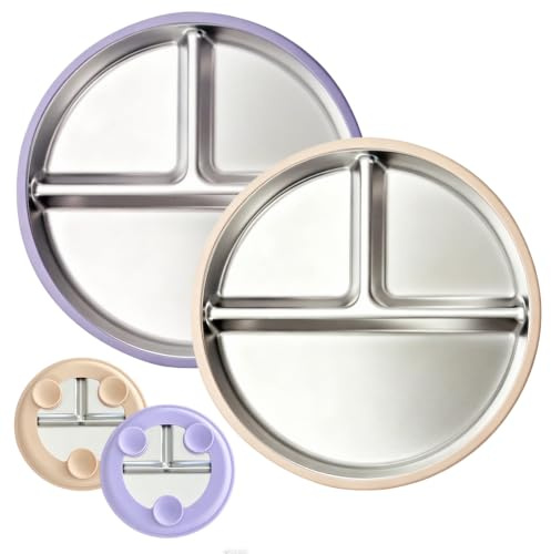 Platos de Acero Inoxidable para Bebé, 2 Piezas Platos Infantiles con Subdivisión, Platos para Bebés con Ventosa, sin BPA y con Silicona Extraíble, Platos para Niños Pequeños (Marrón + Morado)