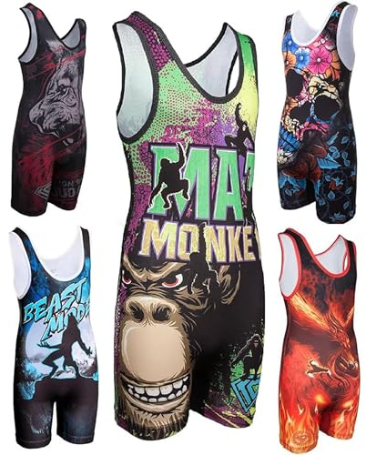 KO Sports Gear Unisex Wrestling Singlet for Youth Wrestlers - Wrestling Singlet for Boys & Girls - Bold Durable Uniform, Stretchy Breathable Material - Mat Monkey, Youth Small
