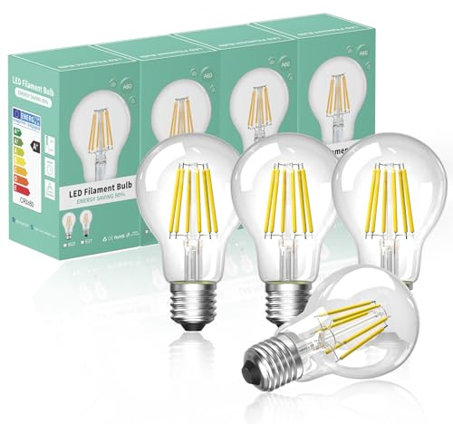 Bonlux LED e27 Edison Screw Dimmable Filament Light Bulb Cool White 6000K ES A60 GLS Shape Antique Classic Lamp Bulb 60W-75W Halogen Equivalent 750LM Energy Saving Bulb(4-Pack)