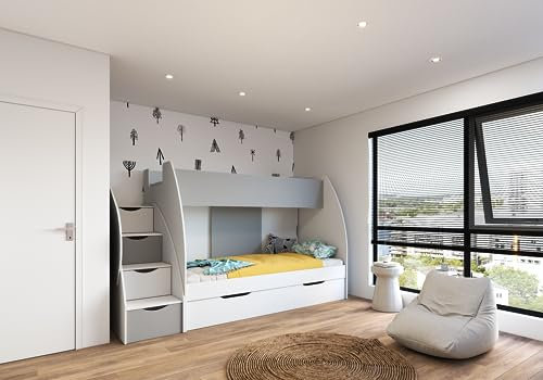 Fabryka Mebli Idźczak Hochbett mit Superb Matratzen - Kinderbett Martin - Etagenbett, Stockbett - Boxspringbett - Schubfächer Treppe Kommode, Bücherregal mit Regalen - Modern Design - Weiß/Grau