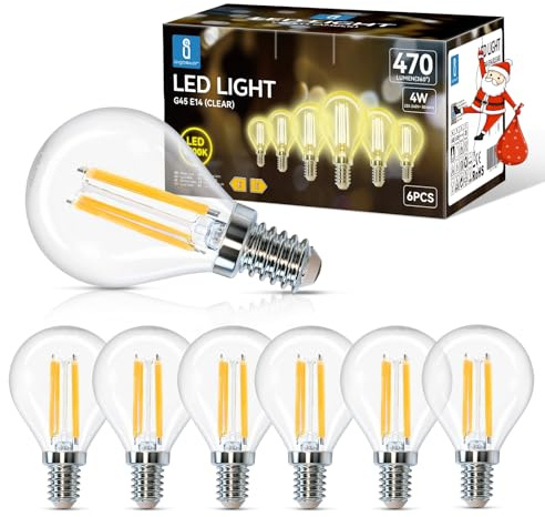 Aigostar Filamento Bombillas Led E14 Luz Calida 2700K,4W Equivalente a 40 W,470 Lúmenes,Ángulo De Apertura:360°,No Regulable,G45,Pack De 6 Uds