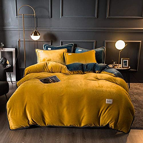 Juego de Ropa de Cama,Cuatro Piezas de Terciopelo de Leche Gruesa Sábana de Terciopelo Coral de Invierno de Doble Cara más Funda de edredón de Terciopelo Ropa de Cama de Franela para bebés-ámbar_cama
