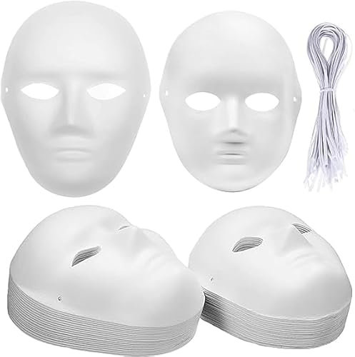 WUWEOT 40 Pack DIY Full Face Masks, 2 Sizes Paintable White Plain Masks, Paper Mache Masks for Cosplay, Halloween, Mardi Gras, Masquerade, Dance Party, Theater, Costume
