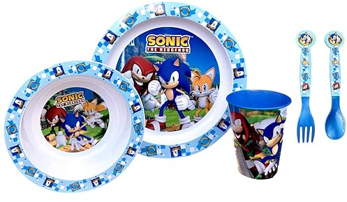 Set stoviglie in plastica riutilizzabile Sonic 5 pezzi piatti bicchiere posate per bambini set pranzo
